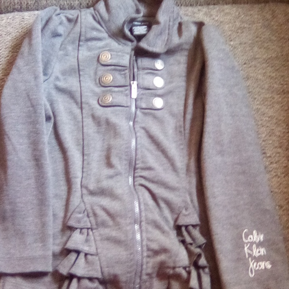 NWOT Calvin Klein Gray Zip Up Jacket With Collar And Details And White Logo